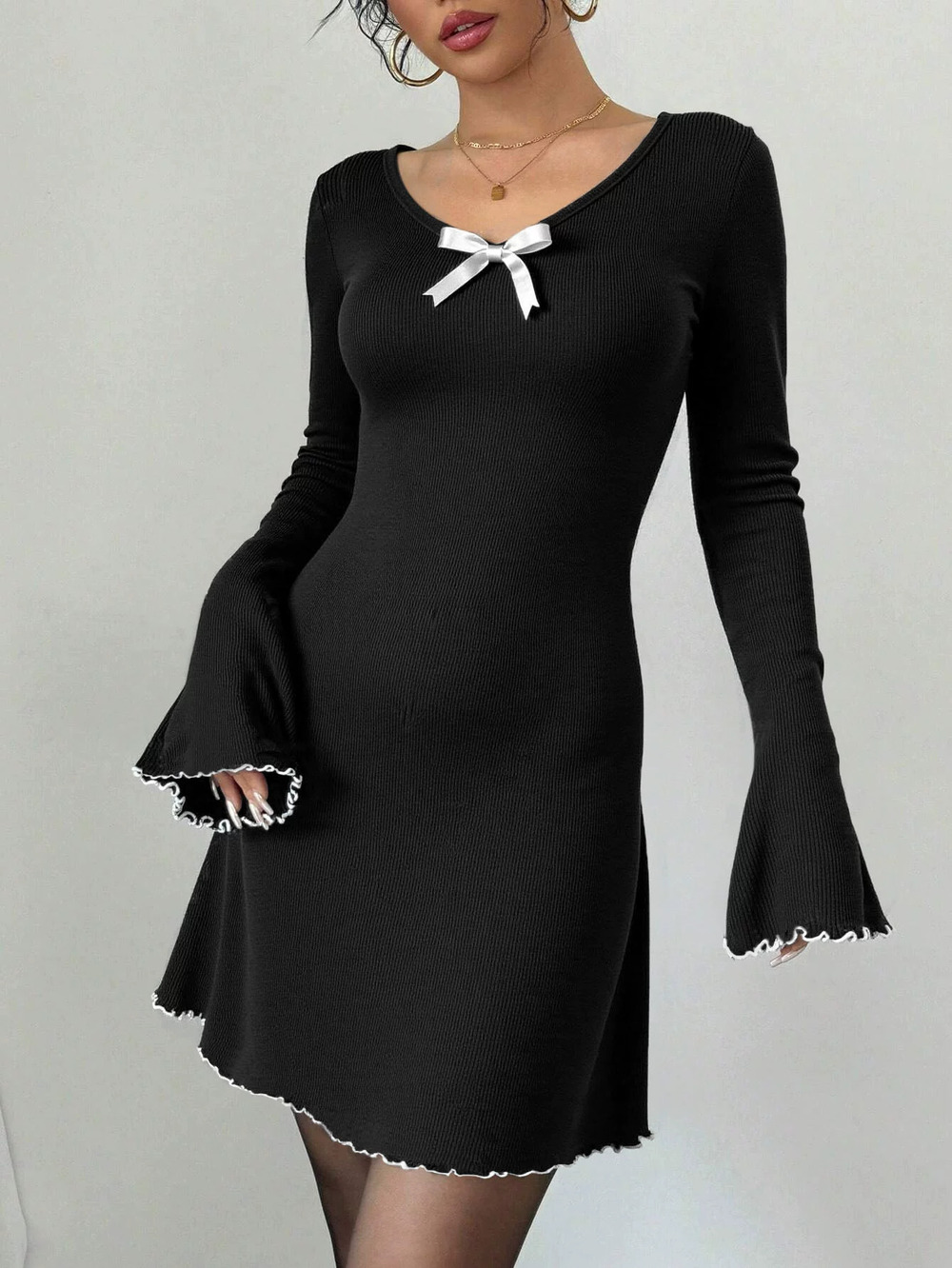 ZARA Elegant French Hepburn Style Knit Black White Slim Long Bell Sleeve Dress